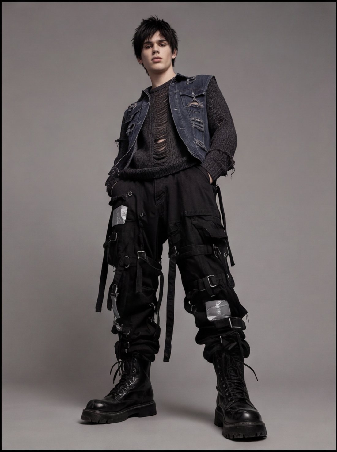 Shredwork Denim Jacket — distressed indigo + strap cargo