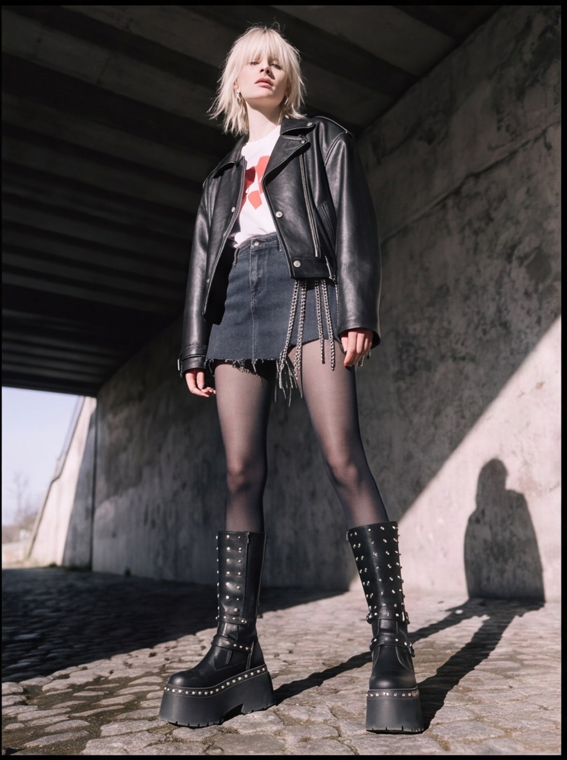 Underpass Oversize Biker — borrowed-fit leather, frayed mini