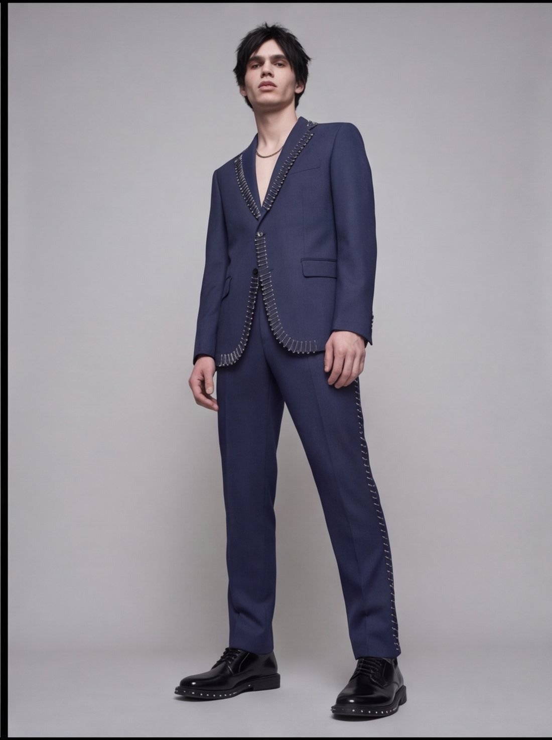 Pinstitch Suit — safety-pinned lapels, ink navy