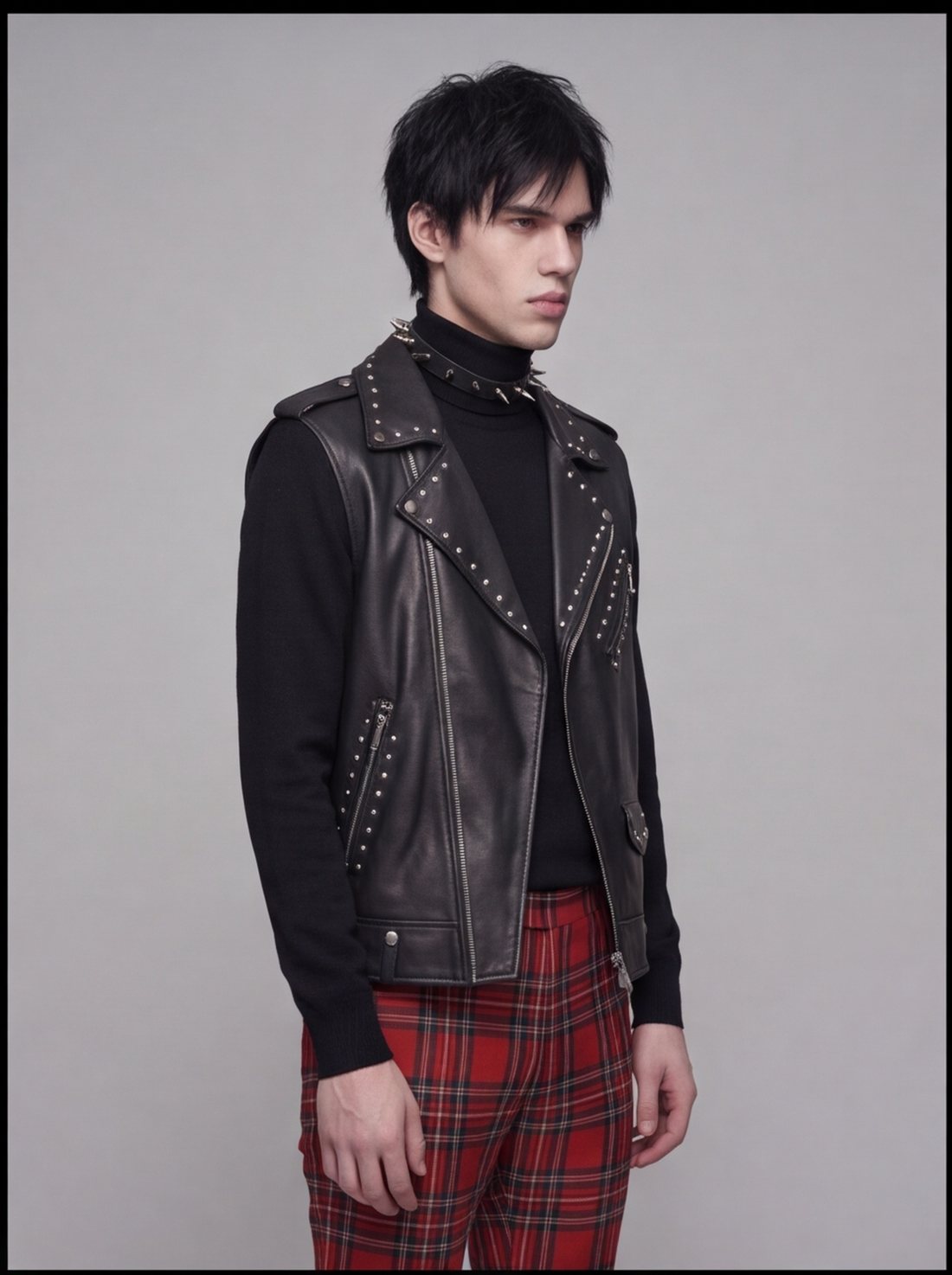 Riot Vest + Tartan Trouser — studded leather, red check