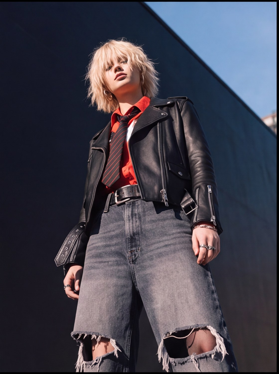 Redline Biker Set — black leather, red collar, torn grey denim