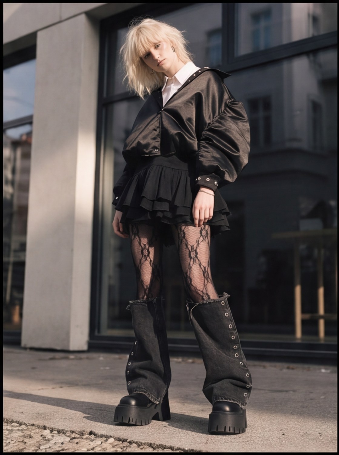 Grommet Satin Bomber — eyelet trim, ruffle mini