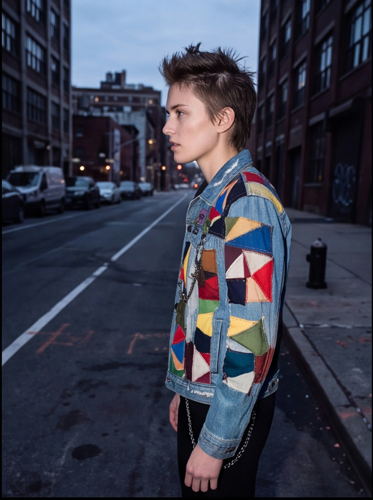 Harlequin Patch Trucker — colour-block patchwork, half-black