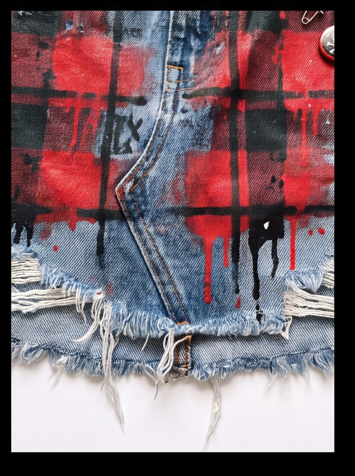 Sprayed Plaid Denim Mini — denim, stencilled plaid, badges