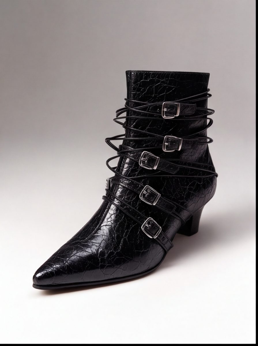 Switchblade Croc Boot — croc-stamped patent, four buckles