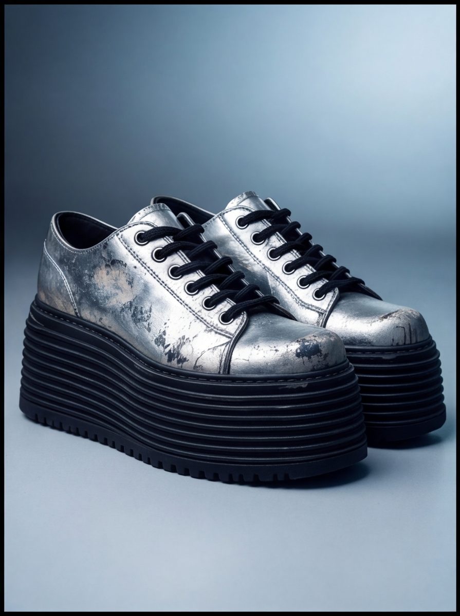 Foil Creeper — crushed silver leather, stacked sole