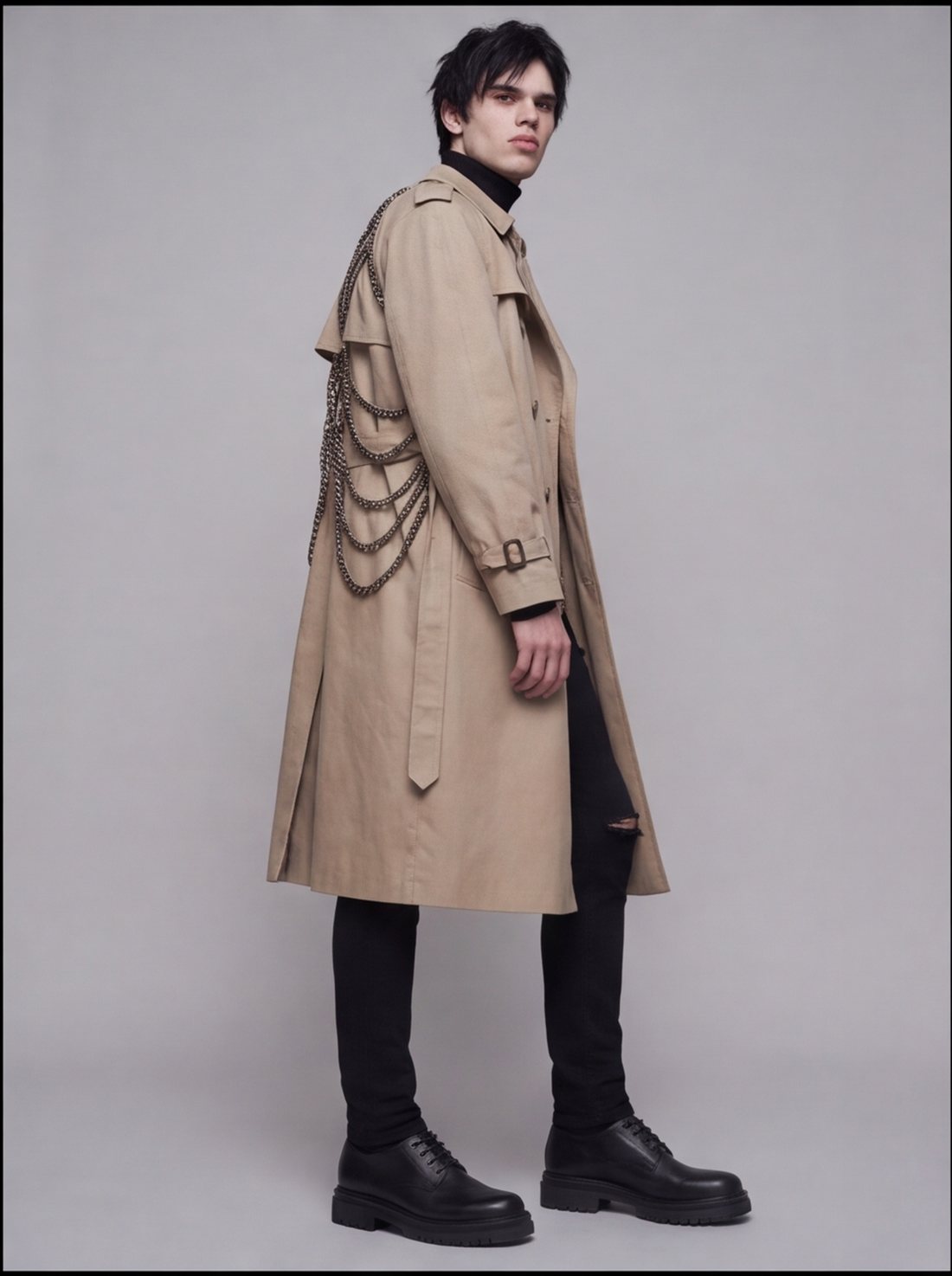 Chaingang Trench — sand gabardine, draped steel
