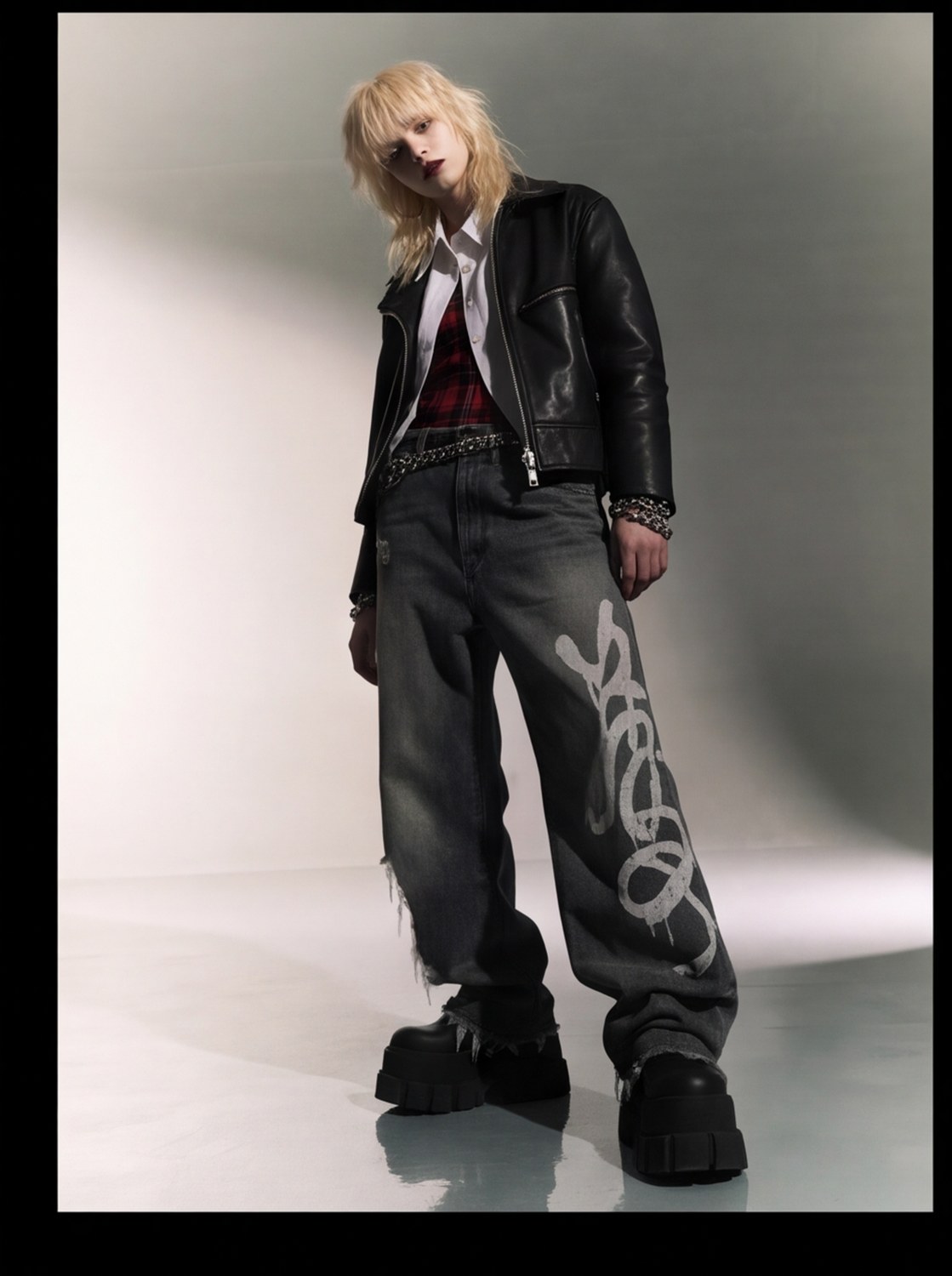 Detention Tartan Vest — red check, white collar, chain belt
